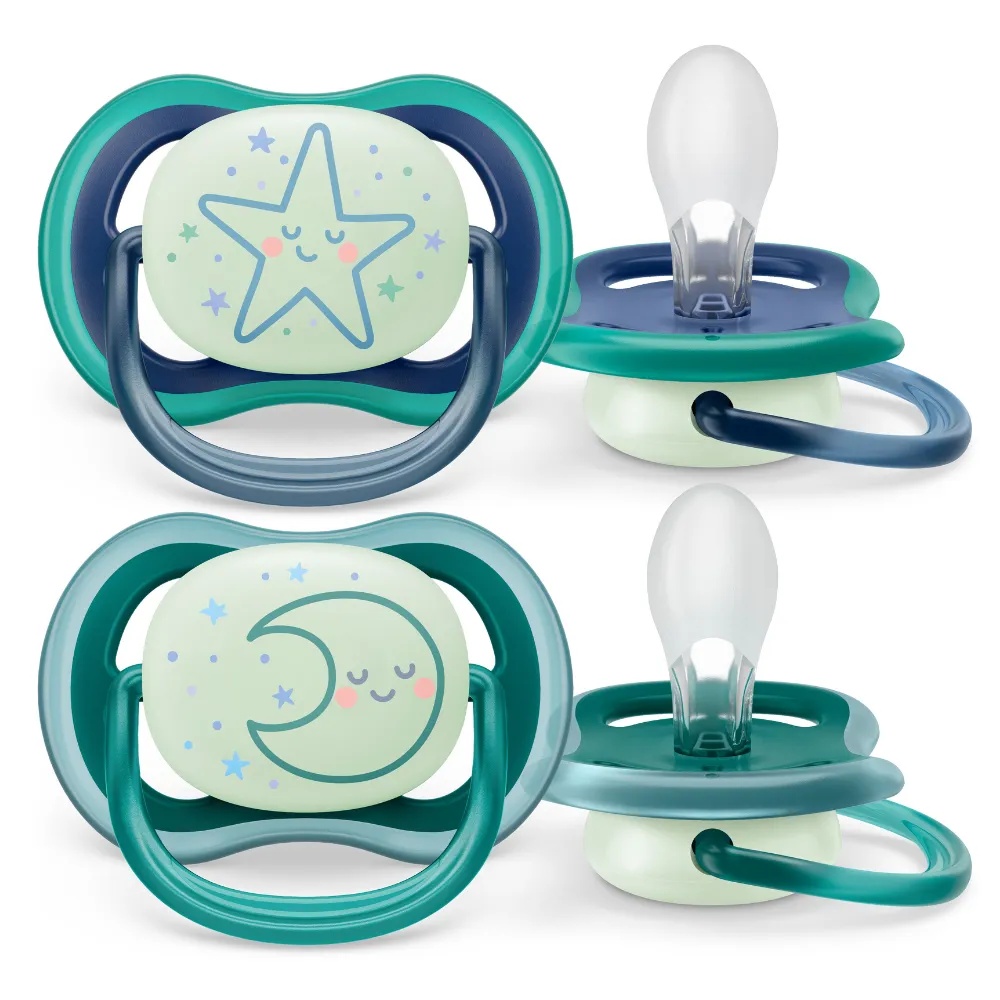 Suzete fosforescente Ultra Air, 6-18 luni, Verde si Albastru, SCF376/13, 2 bucati, Philips Avent
