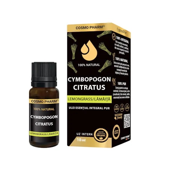 Ulei esential integral de lemongrass Cymbopogon citratus, 10ml, Cosmopharm