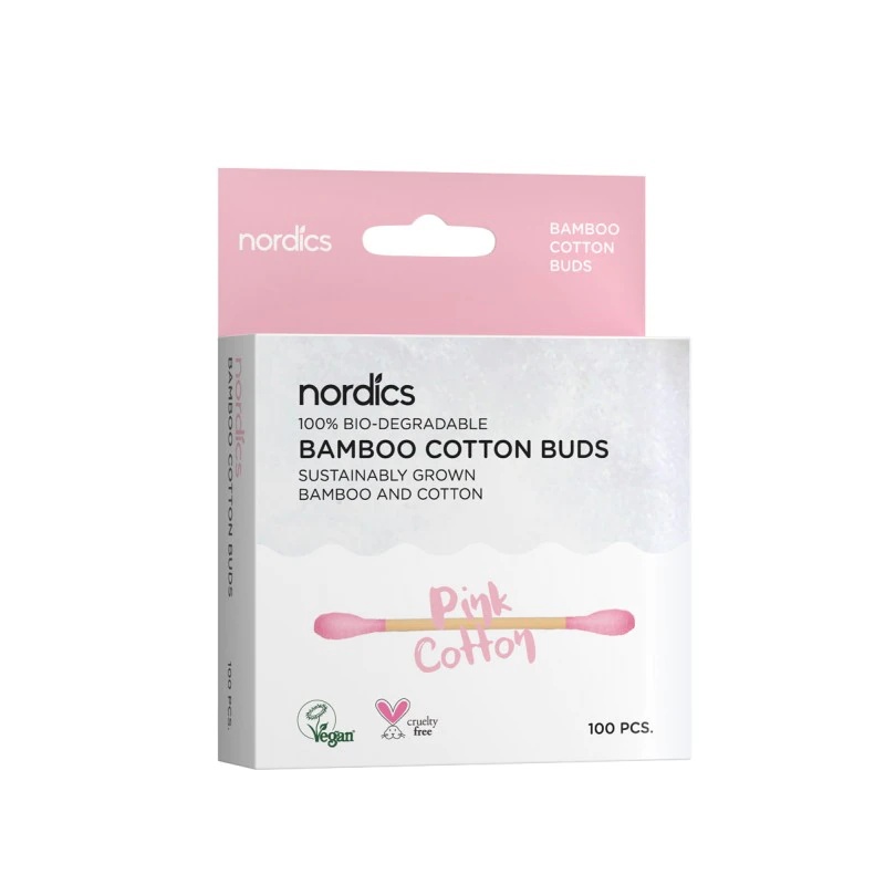 Betisoare pentru urechi din bambus si bumbac roz, 100 bucati, Nordics