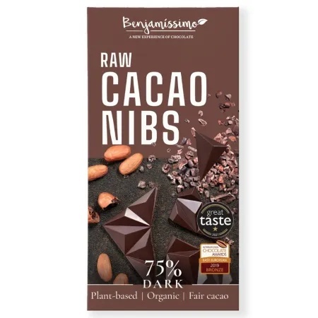 Ciocolată naturală organică cu boabe de cacao crude, 75% cacao, 60 g, Benjamissimo - imagine 2