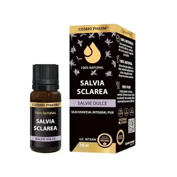 Ulei esential integral de salvie dulce Salvia sclarea, 10ml, Cosmopharm