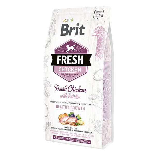 Brit Fresh Healthy Growth Puppy & Junior S-XL, Pui cu Cartof, hrană uscată conținut redus cereale câini junior, 2.5kg