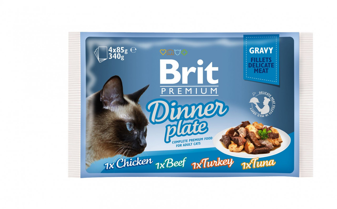 Brit Premium Multipack Dinner Plate, 4 arome, pachet mixt, plic hrană umedă pisici, (în sos), 4 x 85g