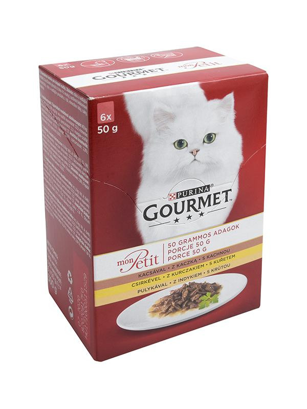 PURINAgourmet Mon Petit, 3 arome (Pui, Rață, Curcan), pachet mixt, plic hrană umedă pisici, (în sos), 50g x 6