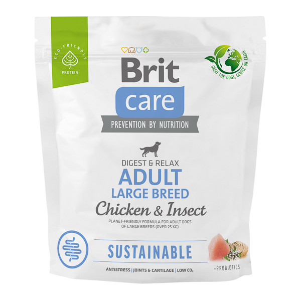 Brit Care Sustainable Adult Large Breed, L-XL, Pui și Insecte, hrană uscată câini, sistem digestiv, 1kg