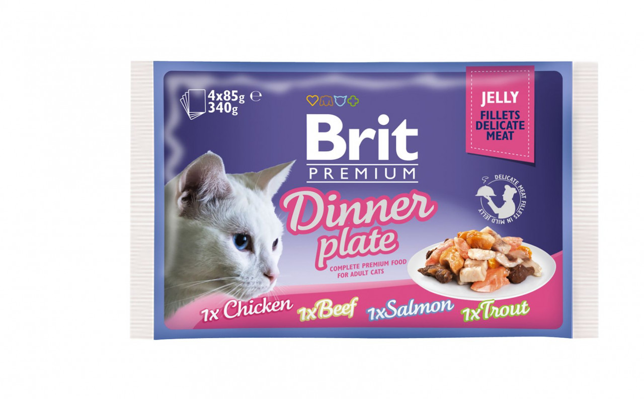 Brit Premium Multipack Dinner Plate, 4 arome, pachet mixt, plic hrană umedă pisici, (în aspic), 4 x 85g