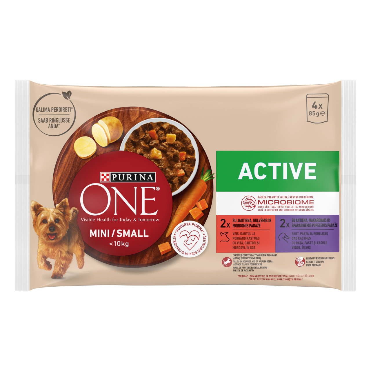 hrană umedă One Mini Active, pentru Caini, Vită / Rata, 4 x 85g