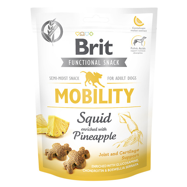 Brit Care Functional Snack Mobility, Calamar cu Ananas, recompense funtionale fară cereale câini, sensibilităţi articulare, 150g