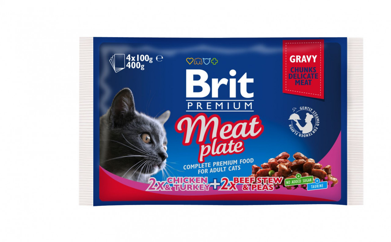 Brit Premium Multipack Meat Plate, 2 arome, pachet mixt, plic hrană umedă pisici, (în sos), 4 x 100g