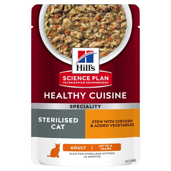 Hill\'s SP Healthy Cuisine Sterilised, Pui și Tocană de Legume, plic hrană umedă pisici sterilizate, 80g