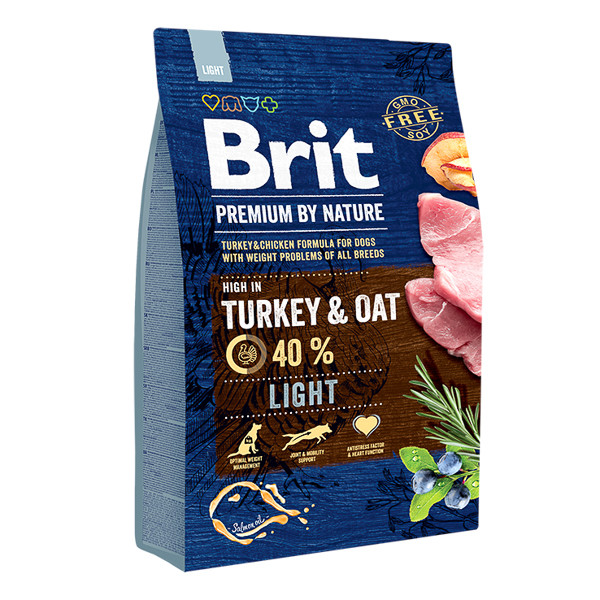 Brit Premium By Nature, Light, Curcan cu Ovăz, hrană uscată câini, managementul greutății, 3kg