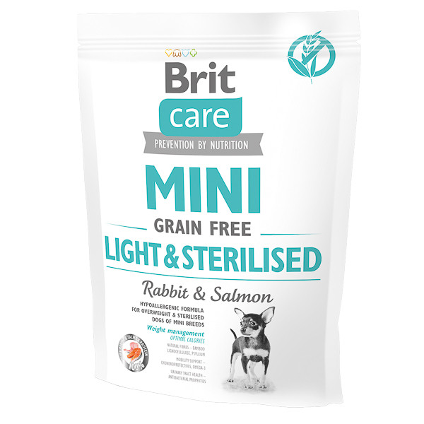 Brit Care Mini Light & Sterilised, XS-S, Iepure, hrană uscată fără cereale câini sterilizați, 400g