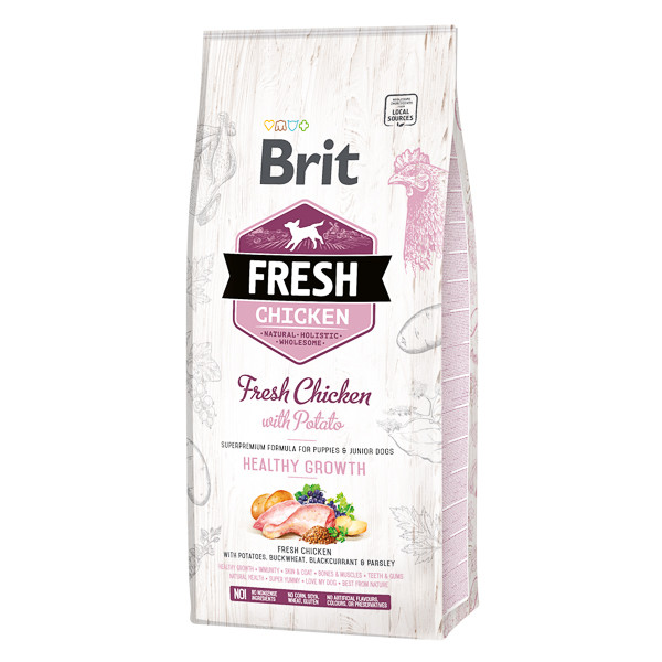 Brit Fresh Healthy Growth Puppy & Junior S-XL, Pui cu Cartof, hrană uscată conținut redus cereale câini junior, 12kg